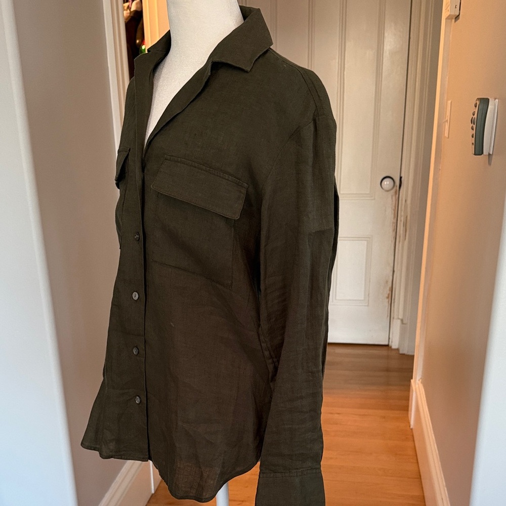 Theory Olive Green 100% Linen Casual Shirt - Picture 3 of 6